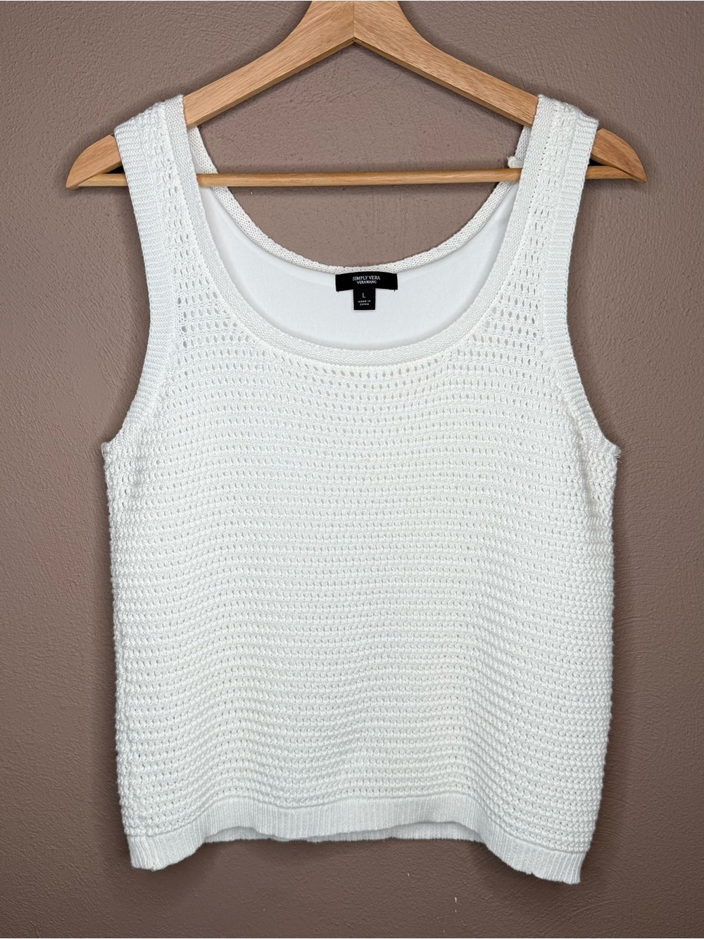 Simply Vera Women's White 100% Cotton Crochet Knit Boho Blouse Tank Size Large